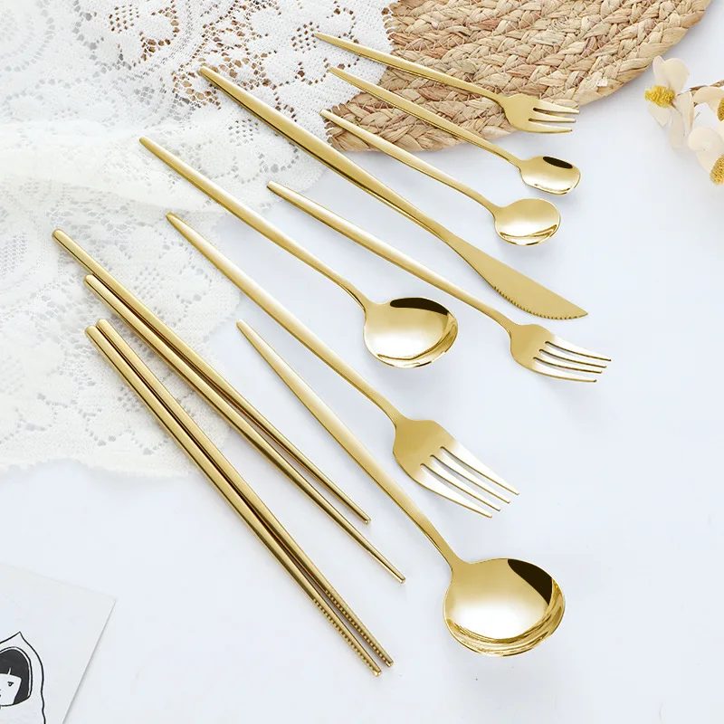 Wholesale Stainless Steel Knives Forks Spoons  Western Tableware Gold-plated Dessert Chopsticks Spoon and Fork Set Stainless