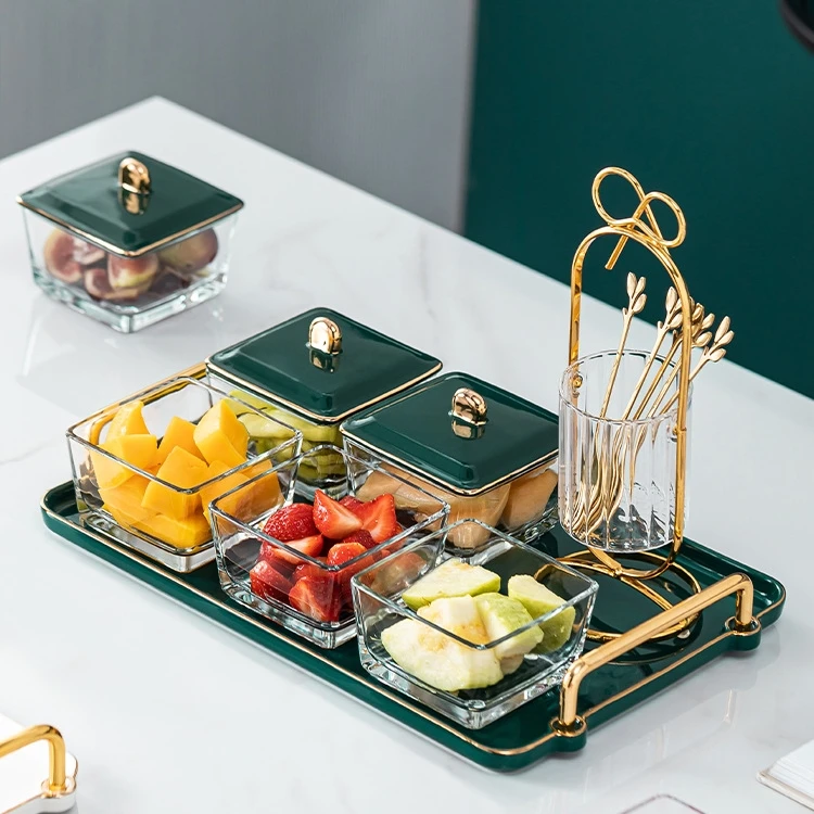 Light Luxury Nordic Style Condiment Set Gold Edge Snack Tray Glass Fruit Plate Multiple Compartment Tray Serving Platter