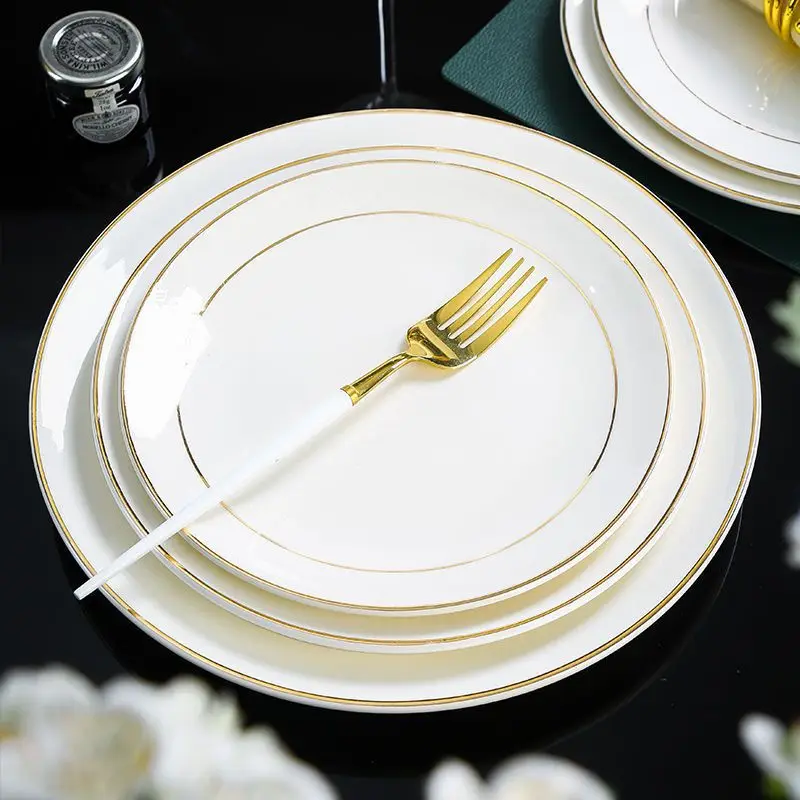 European Style Gold Rimmed Steak Plate Pasta Plate White Customized Ceramic Dinner Plates