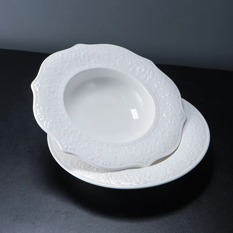 European Retro Palace White Lace Ceramic Soup Plate Cross-Border Wholesale Western Food Pasta Plate for Hotel Party Super Relief