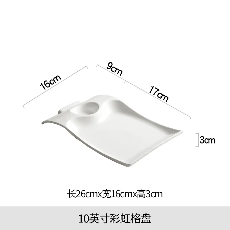 Unique Restaurant Tableware Ceramic Irregular Rectangle Wave Shaped White Dinner Plates With Sauce Dishes