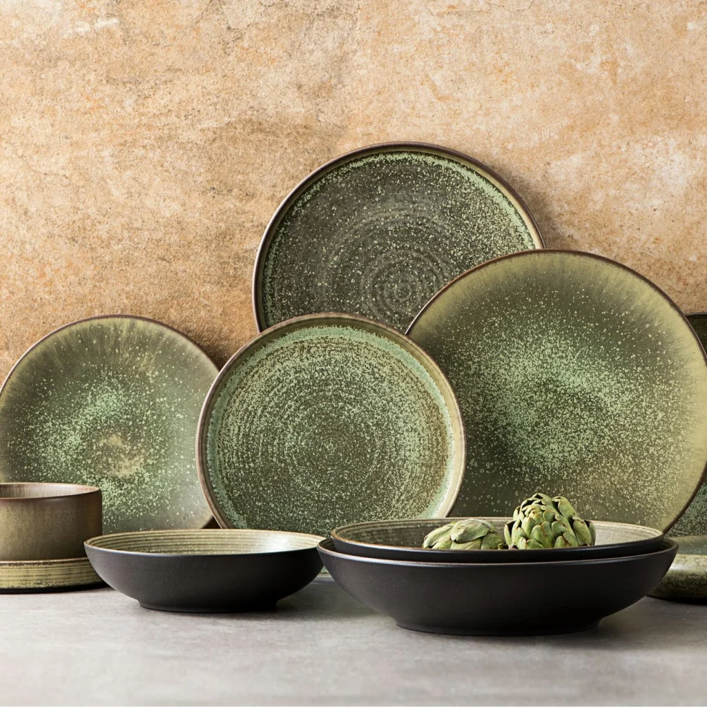 Чашки, наборы тарелок, столовая посуда для ресторана, деревенский стиль, Vajillas De Porcelana, зеленая глазурованная керамическая тарелка, набор скандинавских блюд