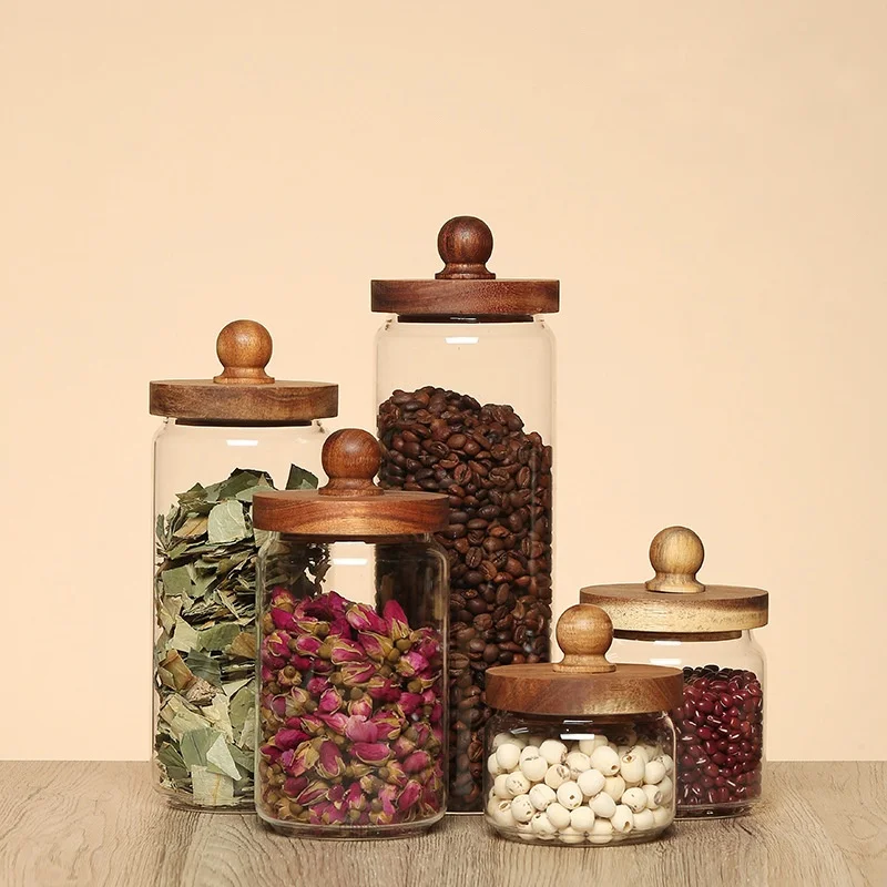 Боросиликатные прозрачные стеклянные банки, заводские бутылки и банки для хранения, контейнер для хранения продуктов питания с герметичной бамбуковой крышкой