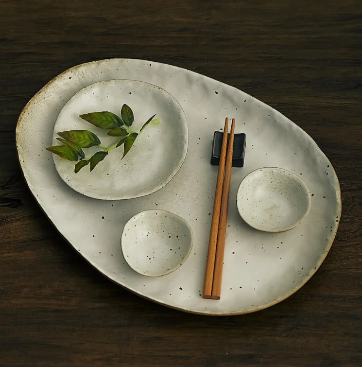 Rustic Style Dim Sum Plate Sushi Dumpling Plate Combination Outdoor Household Plate Tableware Set Stoneware Dinnerware Sets