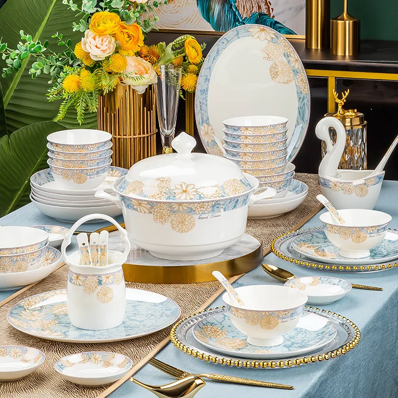 Household Tableware Plates&bowls Set Luxury Ceramic Dishes Bone China Dinnerware Gifts Wedding Party Dishes&plates  Sustainable