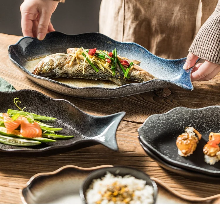 Прямая продажа с фабрики, оптовая продажа, керамическая овальная рыбная тарелка для отелей, напечатанная на заказ, обеденные тарелки неправильной формы из фарфора для ресторанов