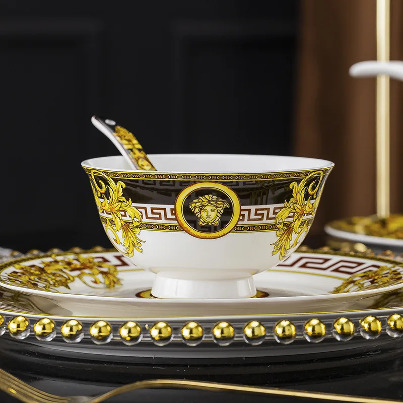 European Style Minimalist Household Black Gold Bone Porcelain Tableware Plates and Bowls Set Plate Sets Dinnerware Luxury