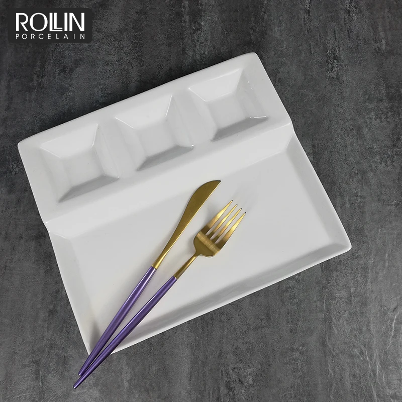 Горячая Распродажа 4 в 1, белые квадратные фарфоровые разделенные тарелки, обеденные тарелки для ресторана, зарядные тарелки для свадьбы