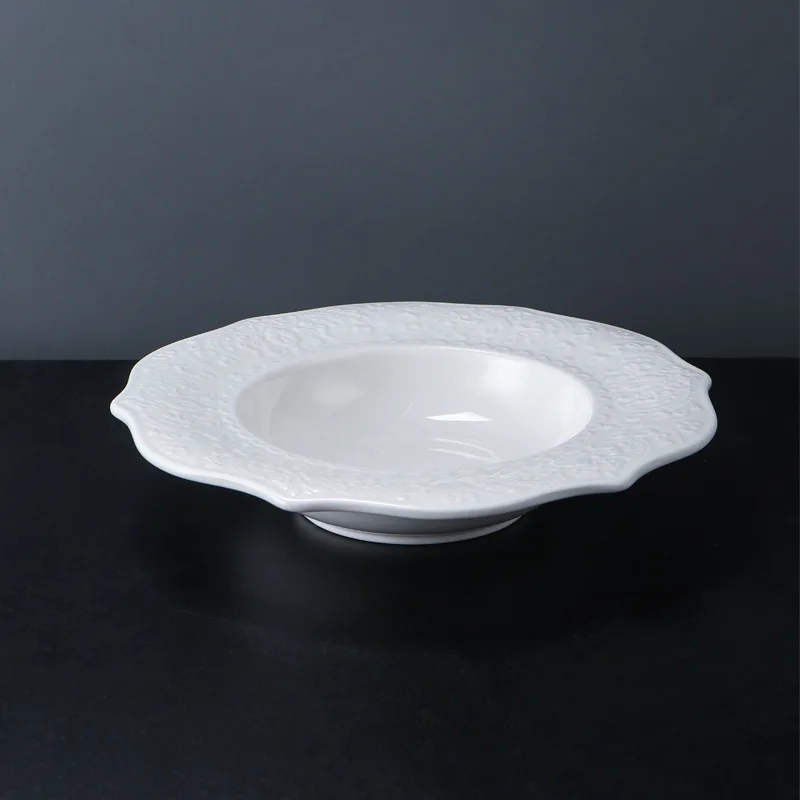 European Retro Palace White Lace Ceramic Soup Plate Cross-Border Wholesale Western Food Pasta Plate for Hotel Party Super Relief