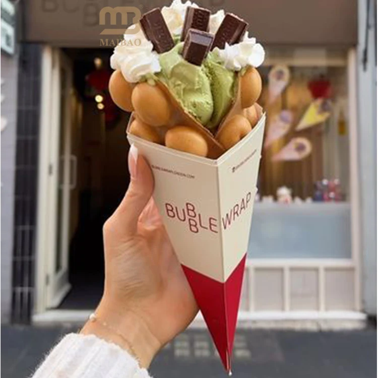Напечатанные на заказ экологически чистые биоразлагаемые конусы для упаковки пищевых продуктов на вынос для крепов, крафт-бумага, чашка для мороженого, держатель для яиц и вафель