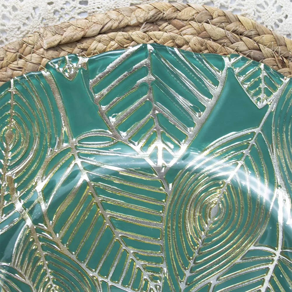 Естественный дизайн, зеленый лист с золотой оправой, украшение, стеклянная пластина для зарядного устройства, свадебная пластина для зарядного устройства, стекло