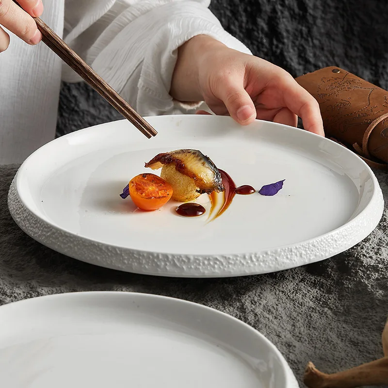 Nordic Style Rock Rim Ceramic White Dinner Plate Eco-Friendly Pasta Steak Fruit Salad Dessert Serving Tray for Restaurant