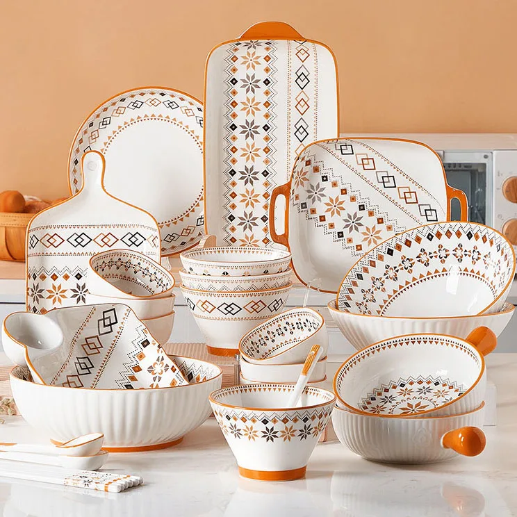 Porcelain Ceramic Tableware Bowl Dish Set Includes Soup Bamboo Hat Salad Bowl Dinner Plates for Home Dinnerware Sets