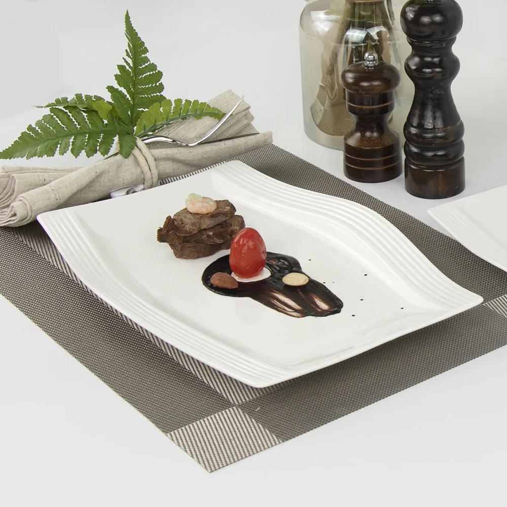 Белая фарфоровая обеденная тарелка для отелей и ресторанов, прямоугольные керамические тарелки для ресторана