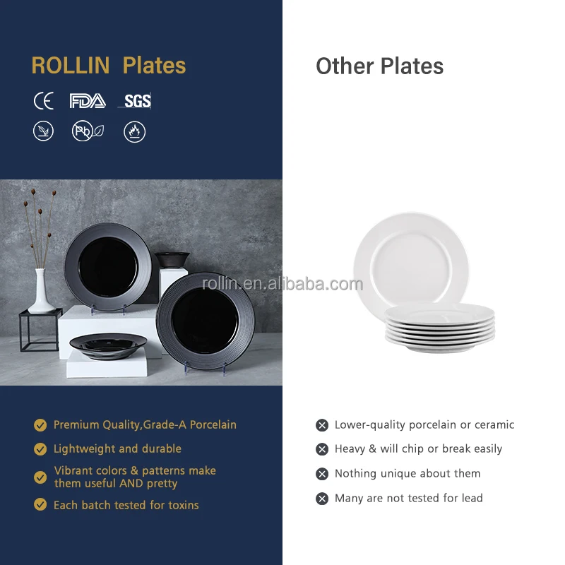 Посуда премиум-класса из черной тарелки исключительно для ресторанов. Износостойкая и устойчивая к царапинам 10-дюймовая фарфоровая посуда.