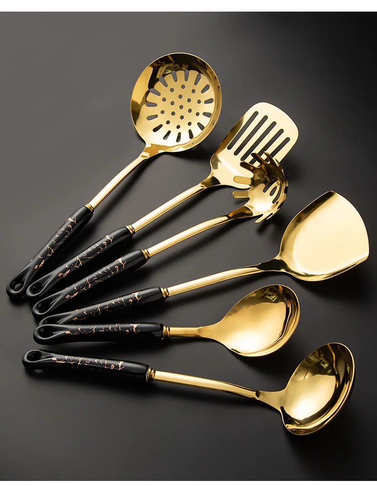 Luxury Ceramic Handle Cooking Kitchen Utensil Set Durable Gold Stainless Steel Kitchenware Cook Food Tool