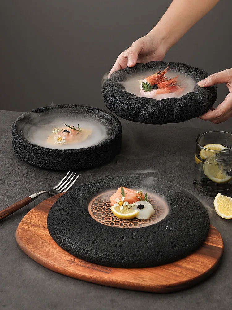 Japanese Artistic Concept Ceramic Bowl Eco-Friendly Volcanic Stone Hotel Tableware Planet-Shaped Ice Plate for Sushi Seafood