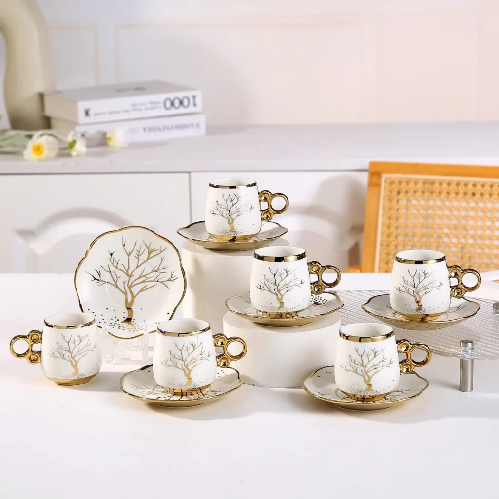 Luxury Arab Gold Edge Ceramic Coffee Cup Sets New European Style Electroplated 6 Cup 6 Saucer the Middle East Mug Gift Box