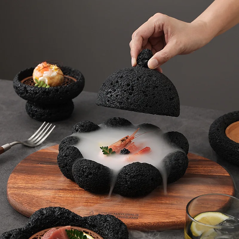 Creative Restaurant Dry Ice Dishes and Plates Volcanic Rock Design Japanese Sashimi Sushi Salmon Seafood Serving Plate Dinner Pl