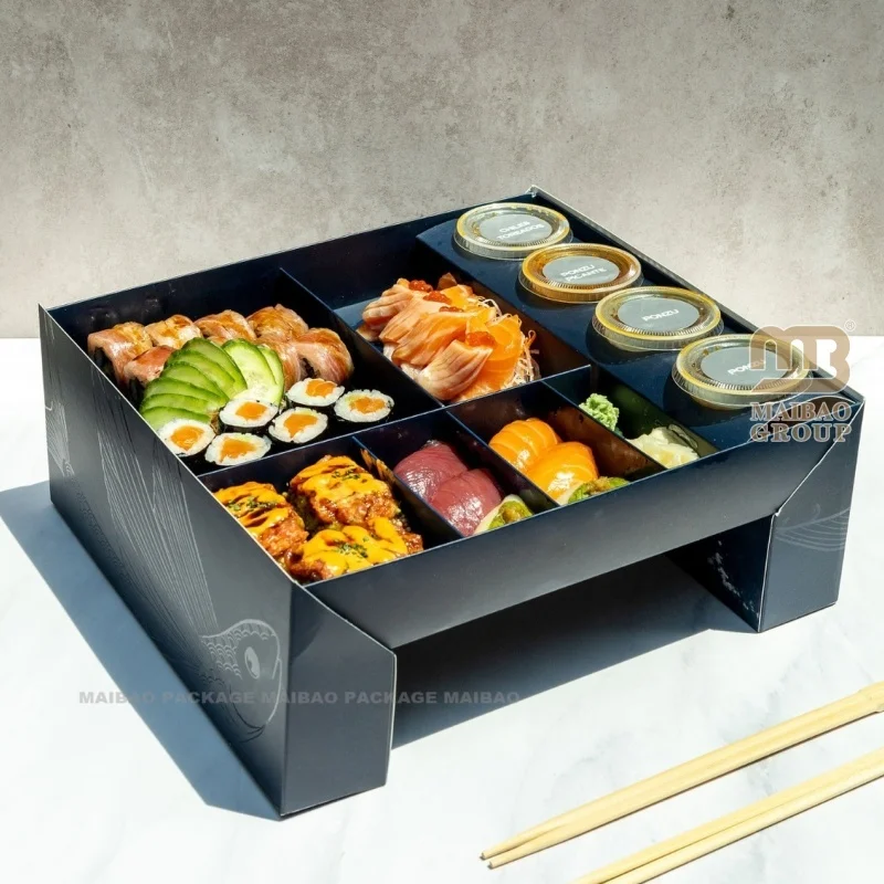 Дизайн: Черная эко, японская пищевая одноразовая упаковка из крафт-бумаги, упаковка на вынос, упаковка для суши, коробка с окном