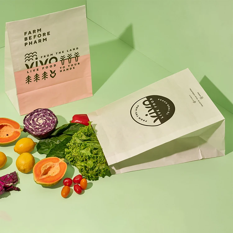 Бумажные пакеты для овощей с принтом на заказ для супермаркета, 100% биоразлагаемый простой коричневый бумажный пакет для продуктов из крафт-бумаги без ручек