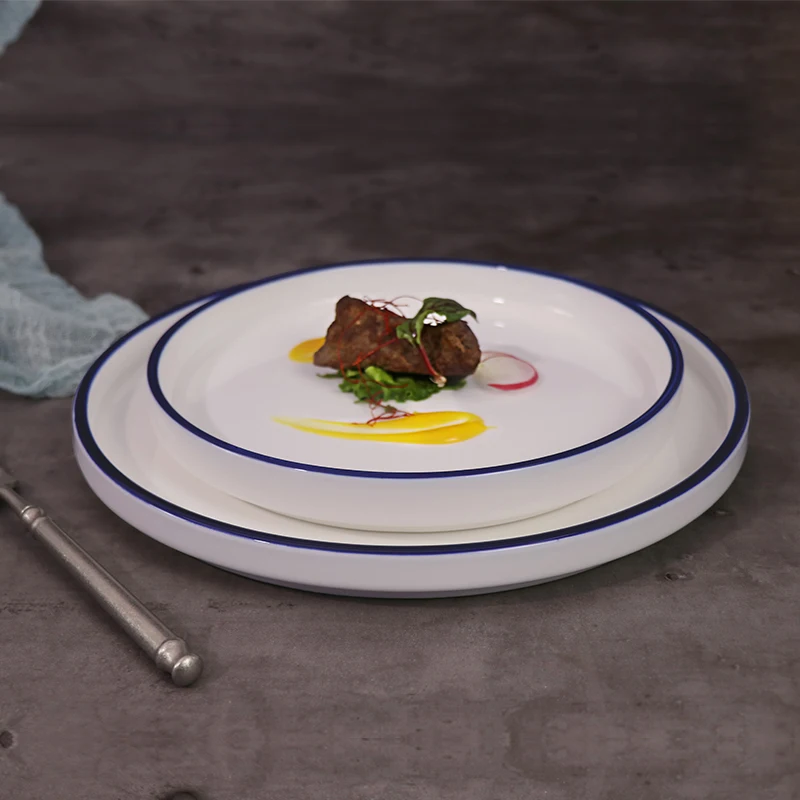 Оптовая продажа обеденная тарелка, белая, синяя керамическая посуда для шведского стола, современный 5-звездочный отель, фарфоровая посуда, тарелки для ресторана, тарелки для еды