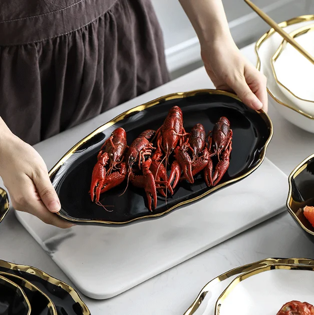 Простые и роскошные керамические тарелки и тарелки Brett с золотой оправой, столовая посуда, роскошные тарелки для салата, посуда, обеденные тарелки