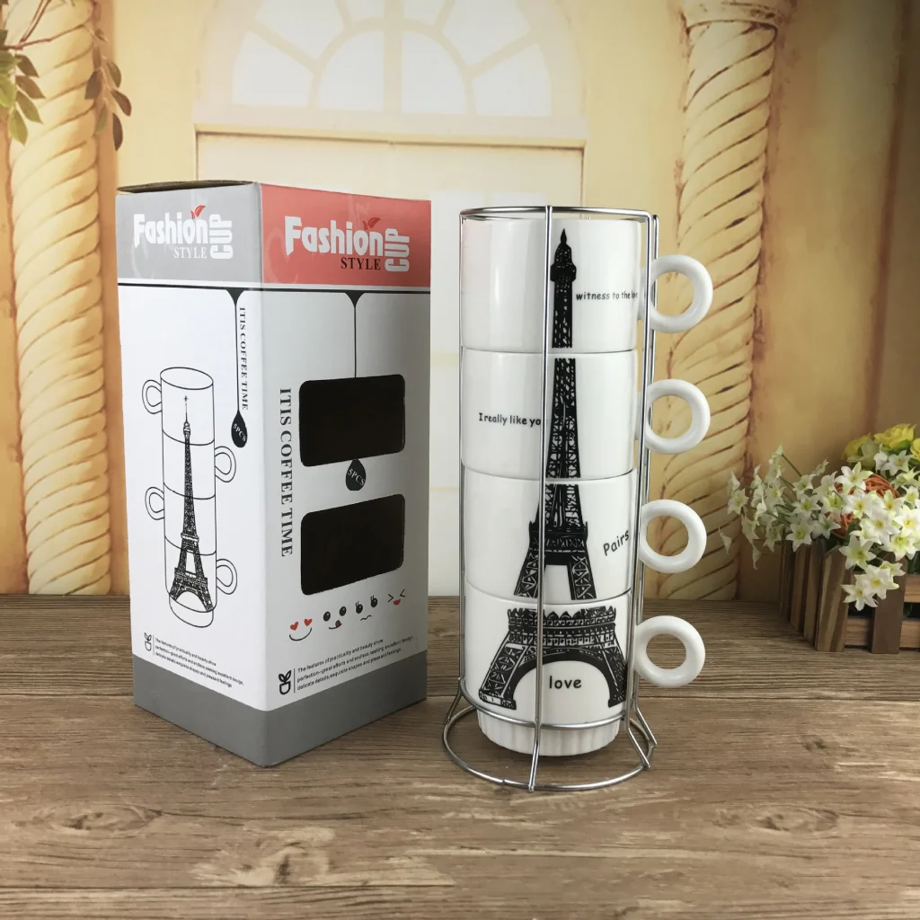 4 Pieces Nordic Give Away White Ceramic Gift Coffee Cup Set  of 4 Stacking Mug Set