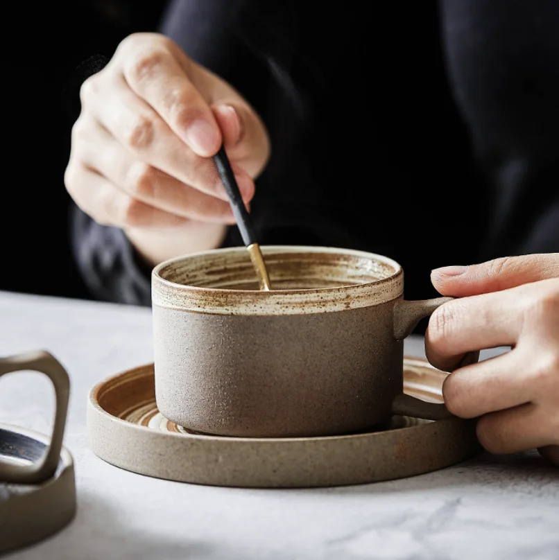 Vintage Handmade Coarse Pottery Coffee Cups With Saucer Milk Water Breakfast Ceramic Coffee Cup Mugs Set
