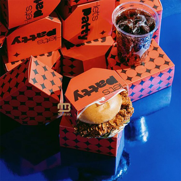 Коробка для гамбургера на заказ, упаковка для обеда в ресторане, бумажная складная коробка, одноразовая коробка для еды на вынос, контейнер для еды из крафт-бумаги, бургер