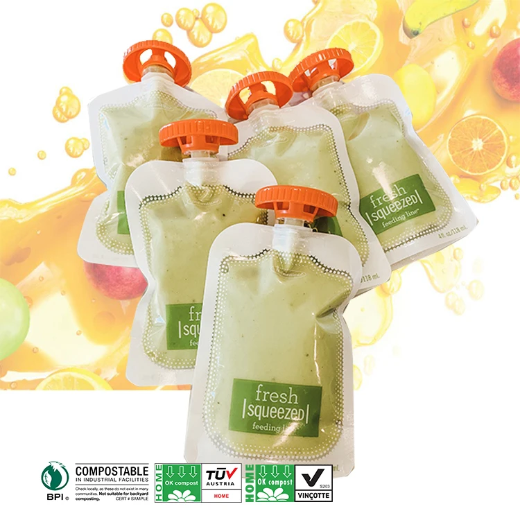 Индивидуальный дизайн логотипа Pla Pbat, биоразлагаемый, компостируемый, многоразовый, многоразовый, упаковка для хранения детского питания, сумка с носиком