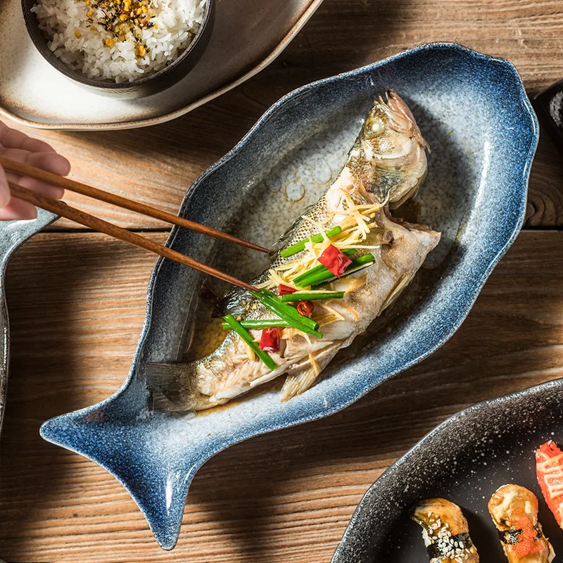 Прямая продажа с фабрики, оптовая продажа, керамическая овальная рыбная тарелка для отелей, напечатанная на заказ, обеденные тарелки неправильной формы из фарфора для ресторанов