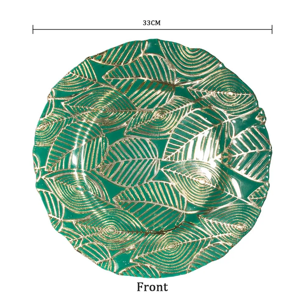 Естественный дизайн, зеленый лист с золотой оправой, украшение, стеклянная пластина для зарядного устройства, свадебная пластина для зарядного устройства, стекло