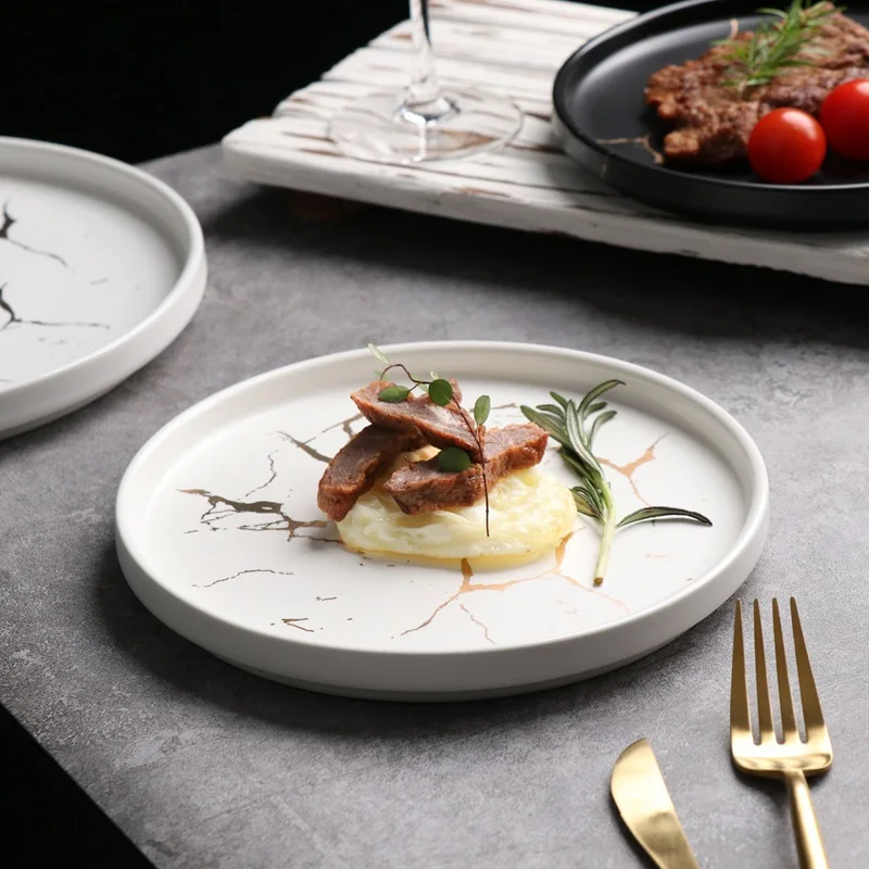 Оптовая продажа керамической посуды Набор блюд и тарелок Керамическая мраморная фарфоровая тарелка для свадебной посуды Керамическая тарелка