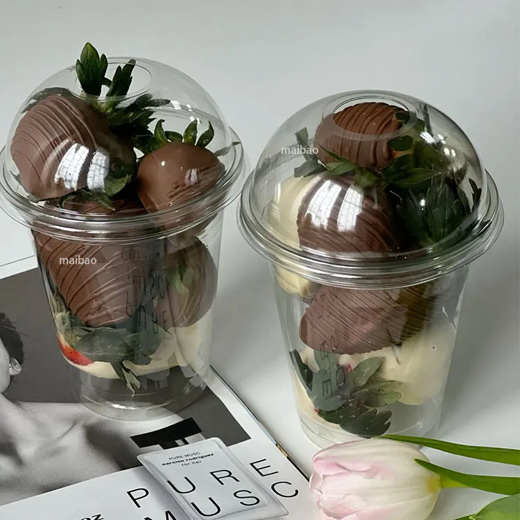 Пластиковые стаканчики на заказ, 9 унций, 12, 16 унций, 18 унций, 20 унций, одноразовые прозрачные ПЭТ-чашки для десертов, пластиковые стаканчики с шоколадом и клубникой на вынос с крышками