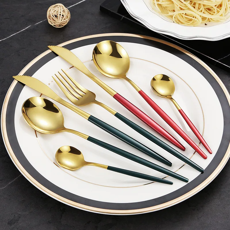 4pcs Restaurant Gold Flatware Polish Stainless Steel Cutlery Spoon Fork Knife Gold Portugal Cutlery Sets