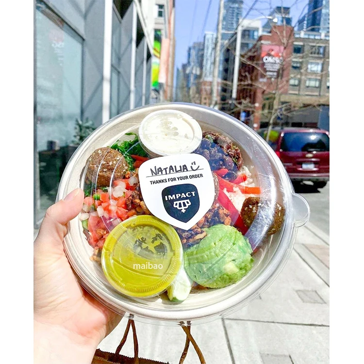 Напечатанный на заказ нагреваемый бумажный шар с логотипом, оптовая продажа, одноразовый, 500 мл, 750 мл, бумажный шар для еды, салатница из крафт-бумаги с крышкой из полиэтилена