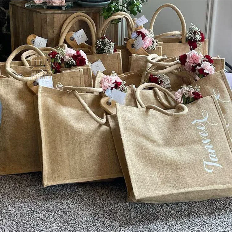 Экологичная водонепроницаемая джутовая сумка с логотипом, многоразовые сумки из мешковины с ручками, льняная пляжная холщовая сумка для покупок на свадьбу