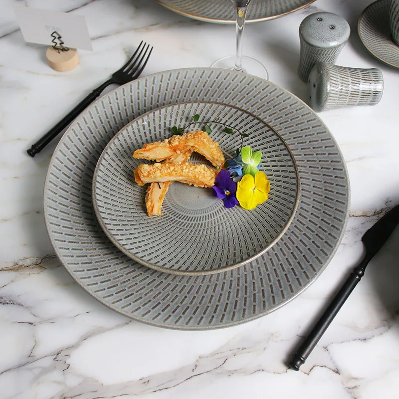 Посуда для ресторана, новый дизайн, набор тарелок, индивидуальная серая керамическая посуда, посуда для западной кухни, наборы тарелок для отеля, обеденная тарелка