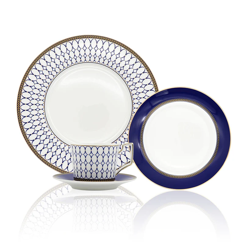 Оптовая торговля фабрикой чайные сервизы с золотой оправой, набор столовой посуды, изысканный роскошный костяной фарфор, обеденный набор