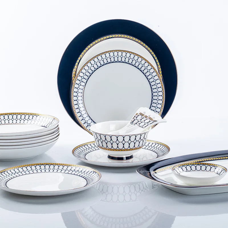 Nordic Italian White Ceramic Dinnerware Set 60pcs with Gold Rim Plant Pattern Porcelain Plate Sustainable Hotel Dining Set