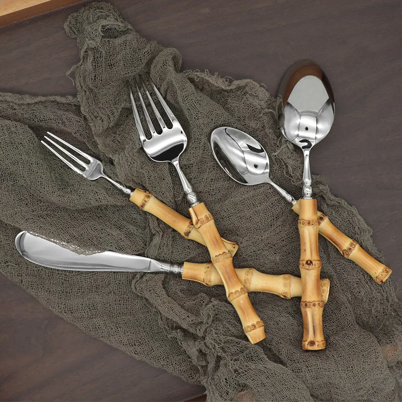 Прямая продажа с фабрики OEM ODM бамбуковый стиль вилка, ложка, нож, набор столовых приборов, столовые приборы для свадьбы, набор столовых приборов