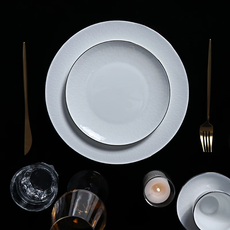 Минималистские тарелки из костяного фарфора Роскошная посуда Белая светло-серая посуда из тонкого фарфора Ресторанные тарелки