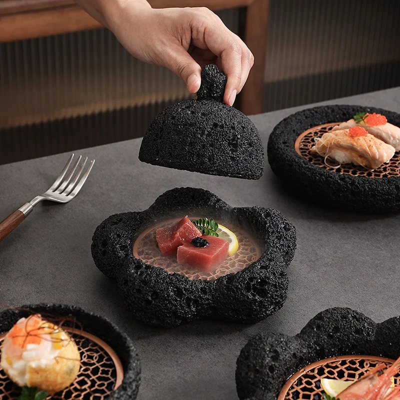 Creative Restaurant Dry Ice Dishes and Plates Volcanic Rock Design Japanese Sashimi Sushi Salmon Seafood Serving Plate Dinner Pl