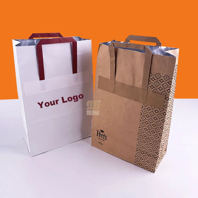 Бело-коричневый изолированный мешок из крафт-бумаги на вынос, упаковка для обеда, алюминиевая термосумка, бумажные пакеты на вынос, изготовленные на заказ