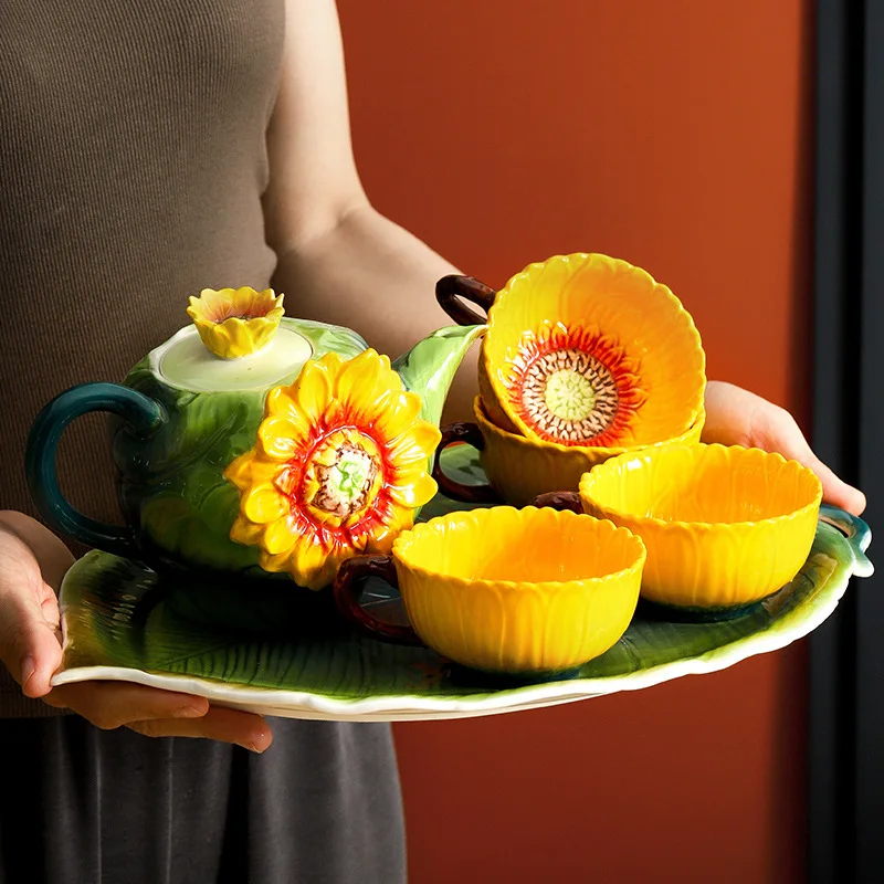 New Selling Relief Sunflower Underglaze Colour Ceramic Coffee Cup Set Pastoral Style 6 Piece Afternoon Tea Set