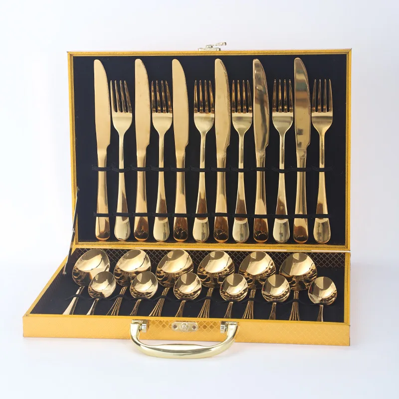 Luxury 24pcs Gold Plated Stainless Steel Cutlery Set Knife Fork Spoon Flatware for Wedding Coffee & Tea With Gift Box