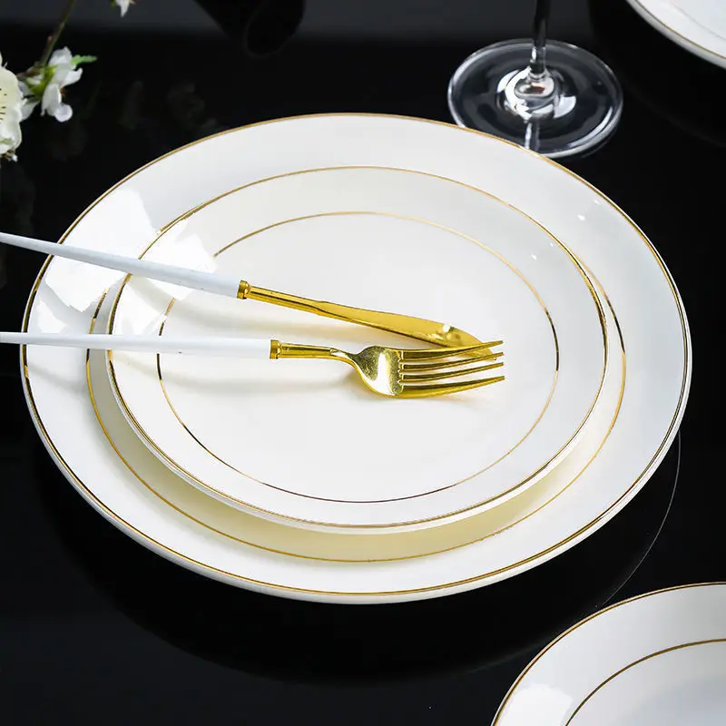 European Style Gold Rimmed Steak Plate Pasta Plate White Customized Ceramic Dinner Plates