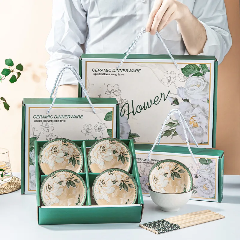 Ceramic Bowls Gift Set Colorful Printing Under Glazed 4.5 Inch 2 4 6 Pcs Rice Soup Bowl Bohemia Camellia Flower Bowls Set