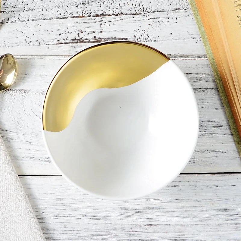 White Ceramic Gold Plated Biscuit Fruit Food Salad Bowl Popular Design Eco-Friendly Gift Idea